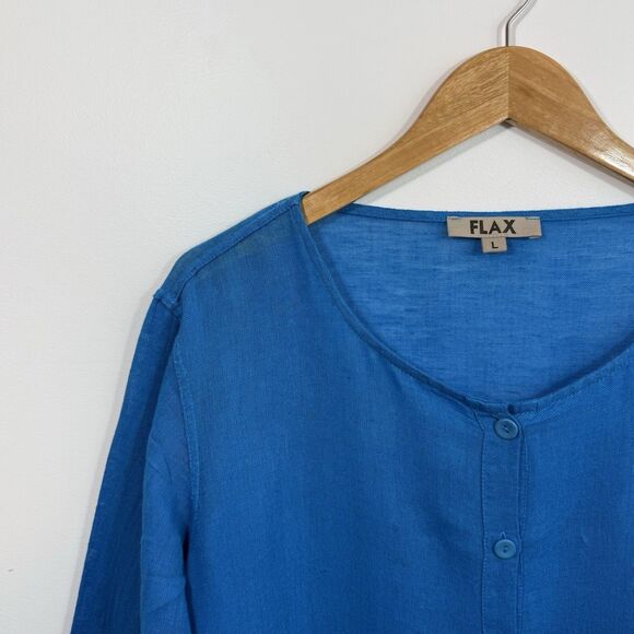 FLAX Tunic Blouse Top Large Linen Cotton Button Up Lagenlook Bright Blue Coastal - Picture 3 of 11